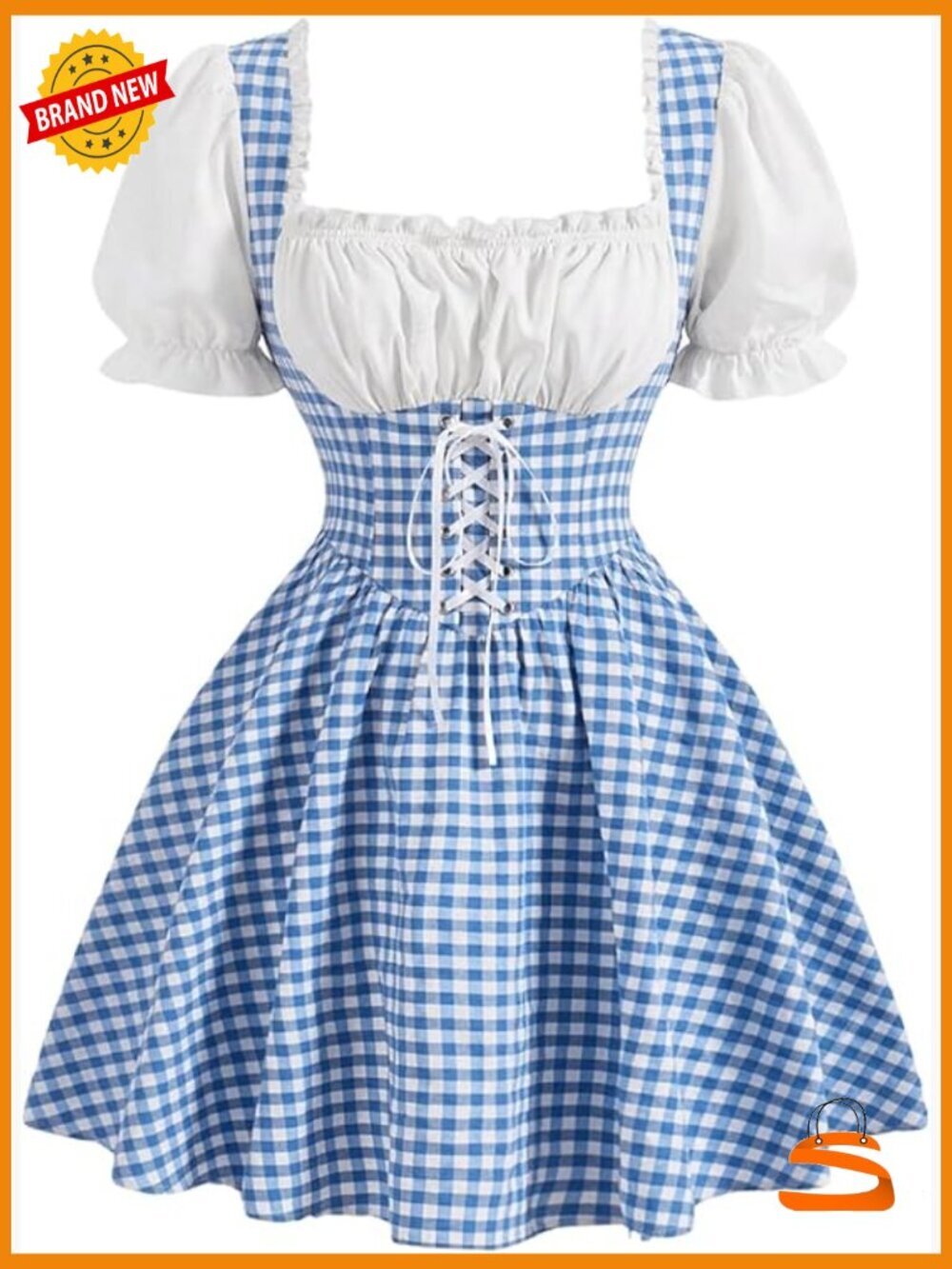 Vintage Cottagecore Gingham Dress Puff Sleeve Lace Up Corset Flared Midi